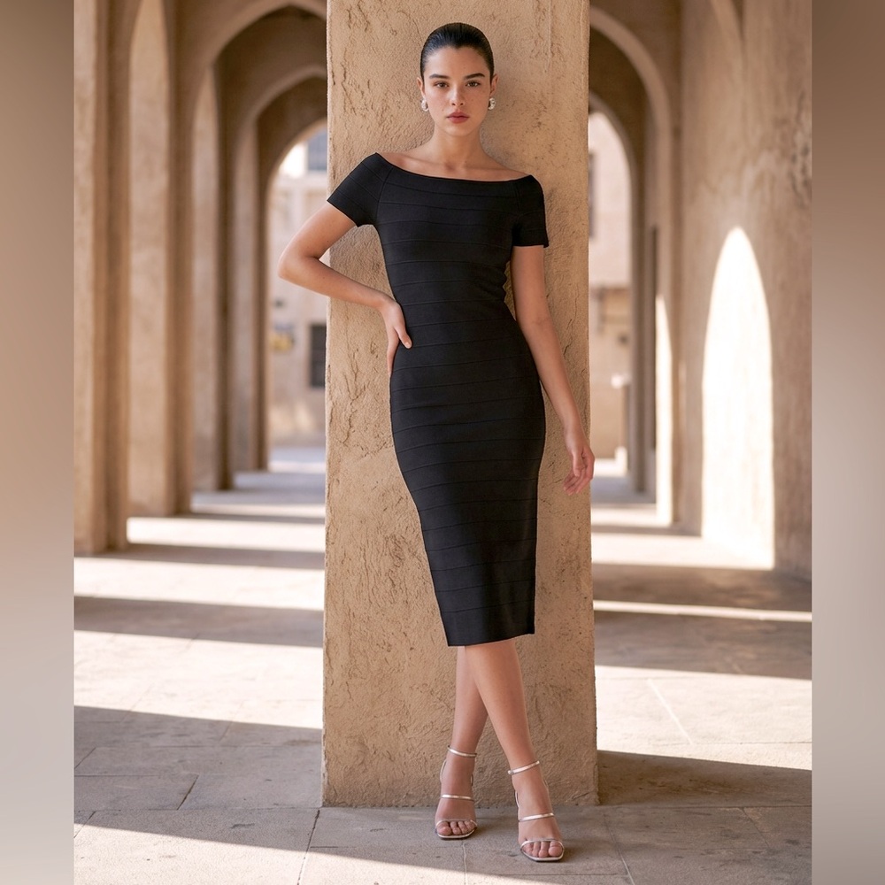 #119 Elegant Off-Shoulder Black Midi Dress 💄